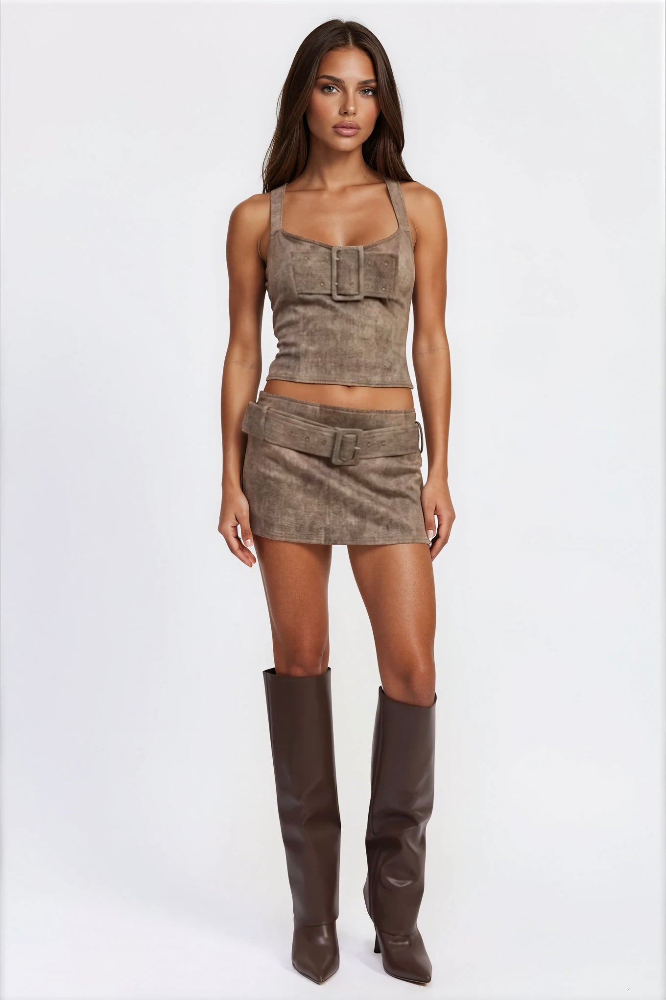 Brown Buckle Low Rise Mini Skort