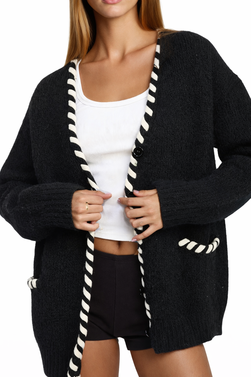 Leather Trim Cardigan