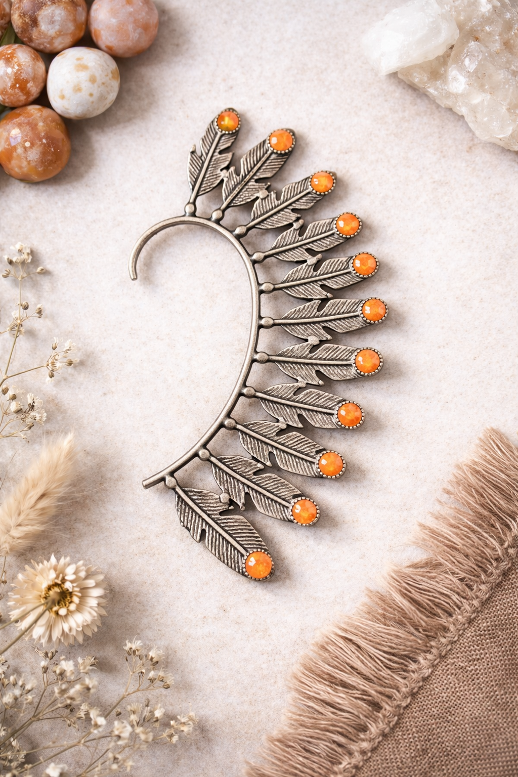 Orange Spiny Oyster Feather Ear Cuff