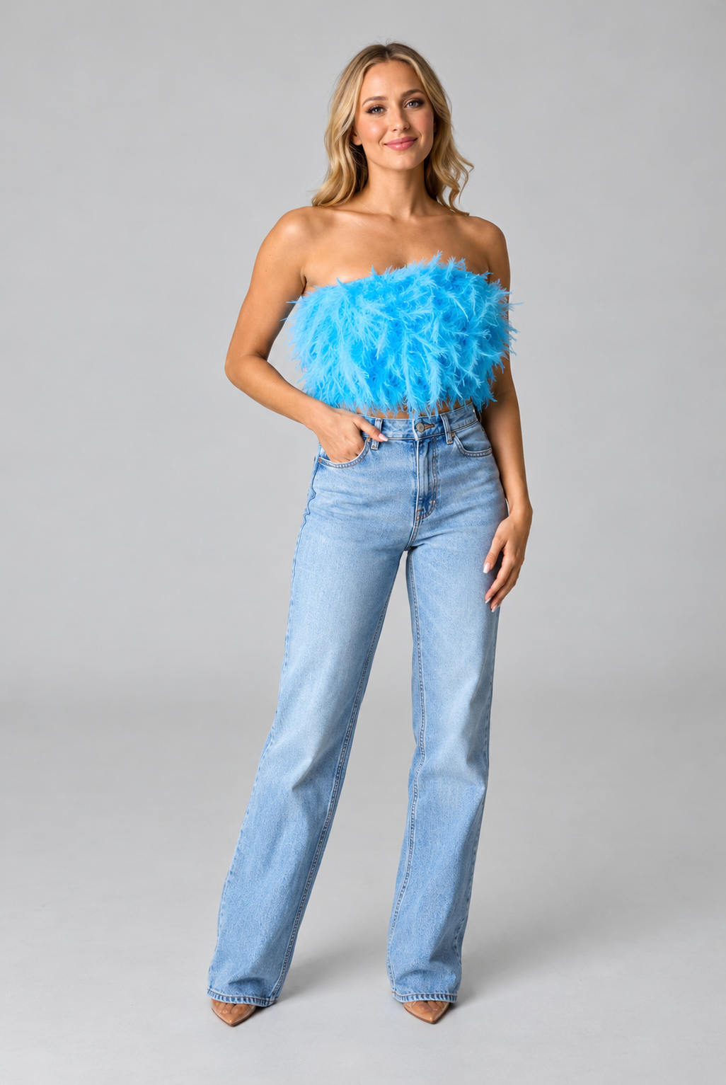 BuddyLove Fancy Strapless Feather Crop Top – Azure Blue