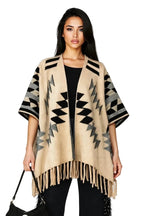 Aztec Fringed Ruana Poncho Sweater Cardigan