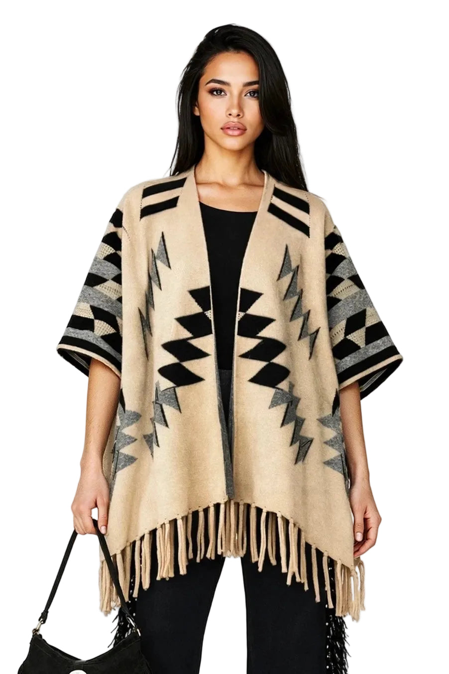 Aztec Fringed Ruana Poncho Sweater Cardigan