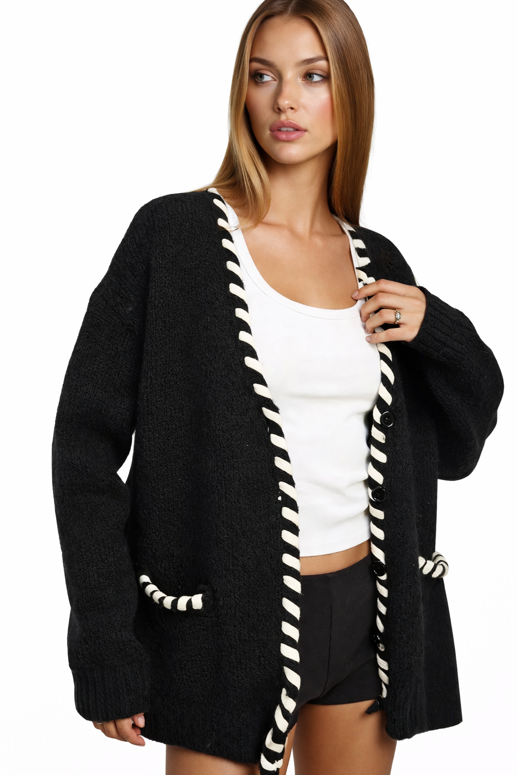 Leather Trim Cardigan