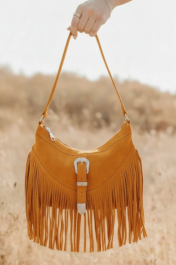 Western Buckle Faux Suede Fringe Bag