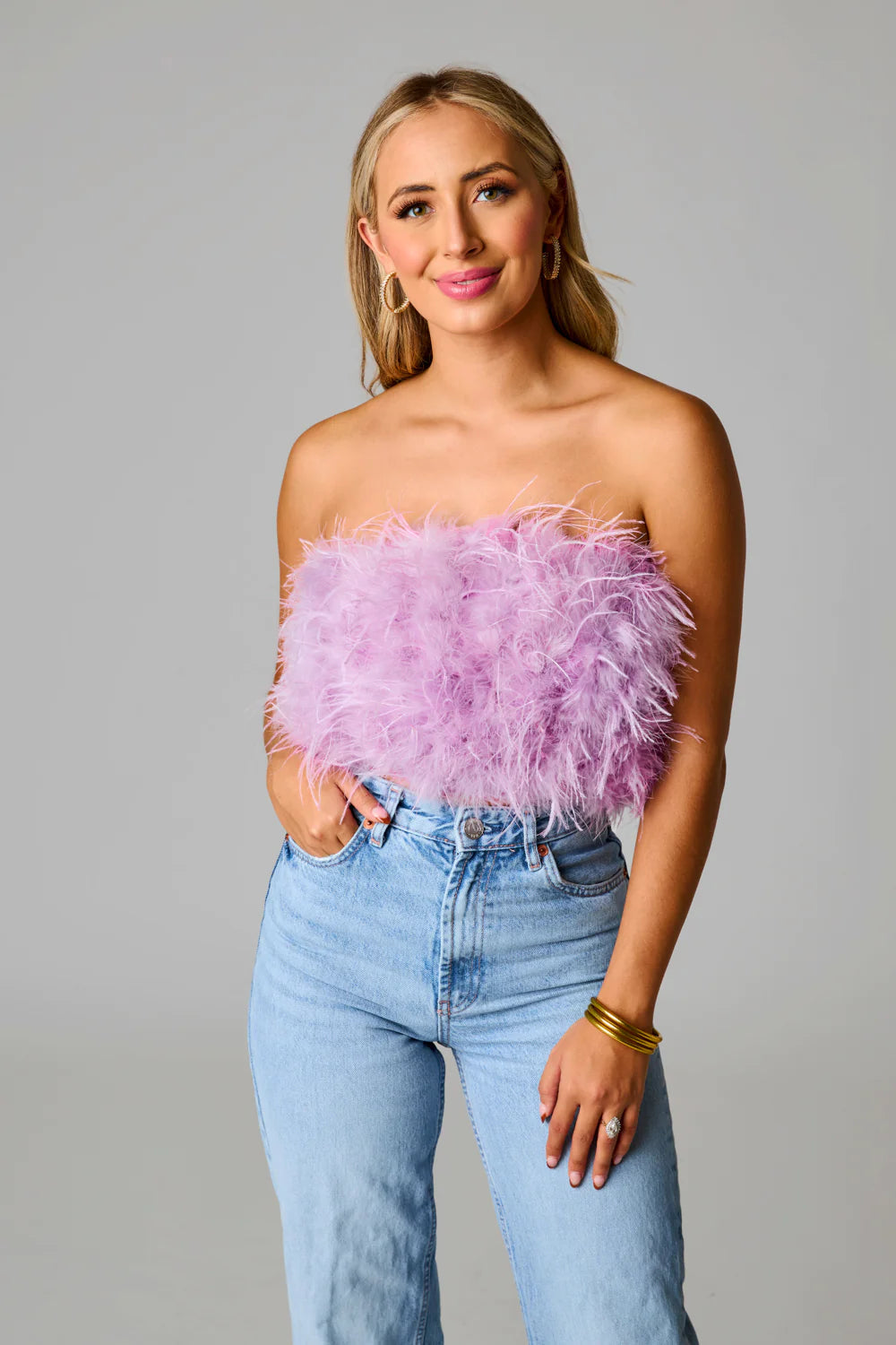 BuddyLove Fancy Strapless Feather Crop Top – Lavender