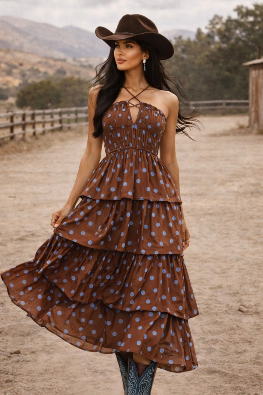 Cocoa Dot Tiered Halter Maxi