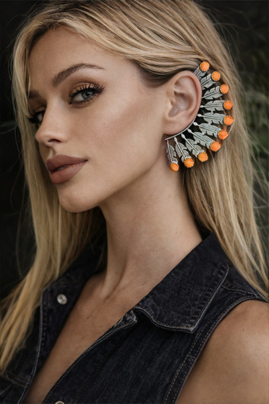 Orange Spiny Oyster Feather Ear Cuff