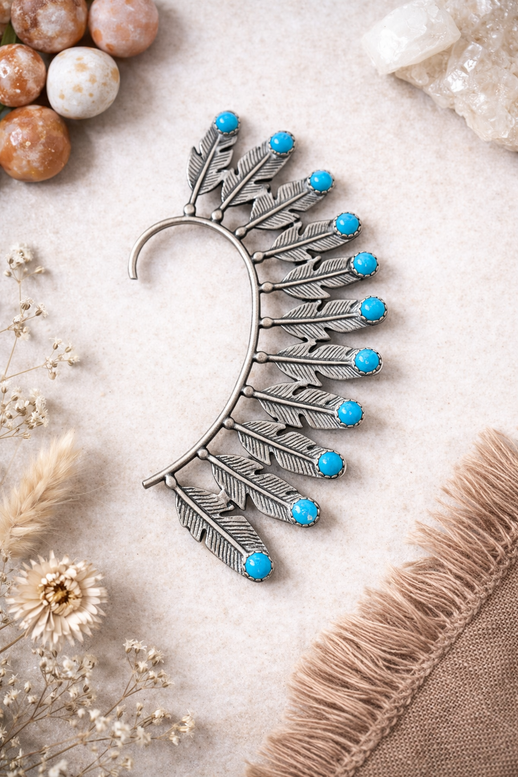 Navajo Sterling Silver Turquoise Feather Ear Cuff