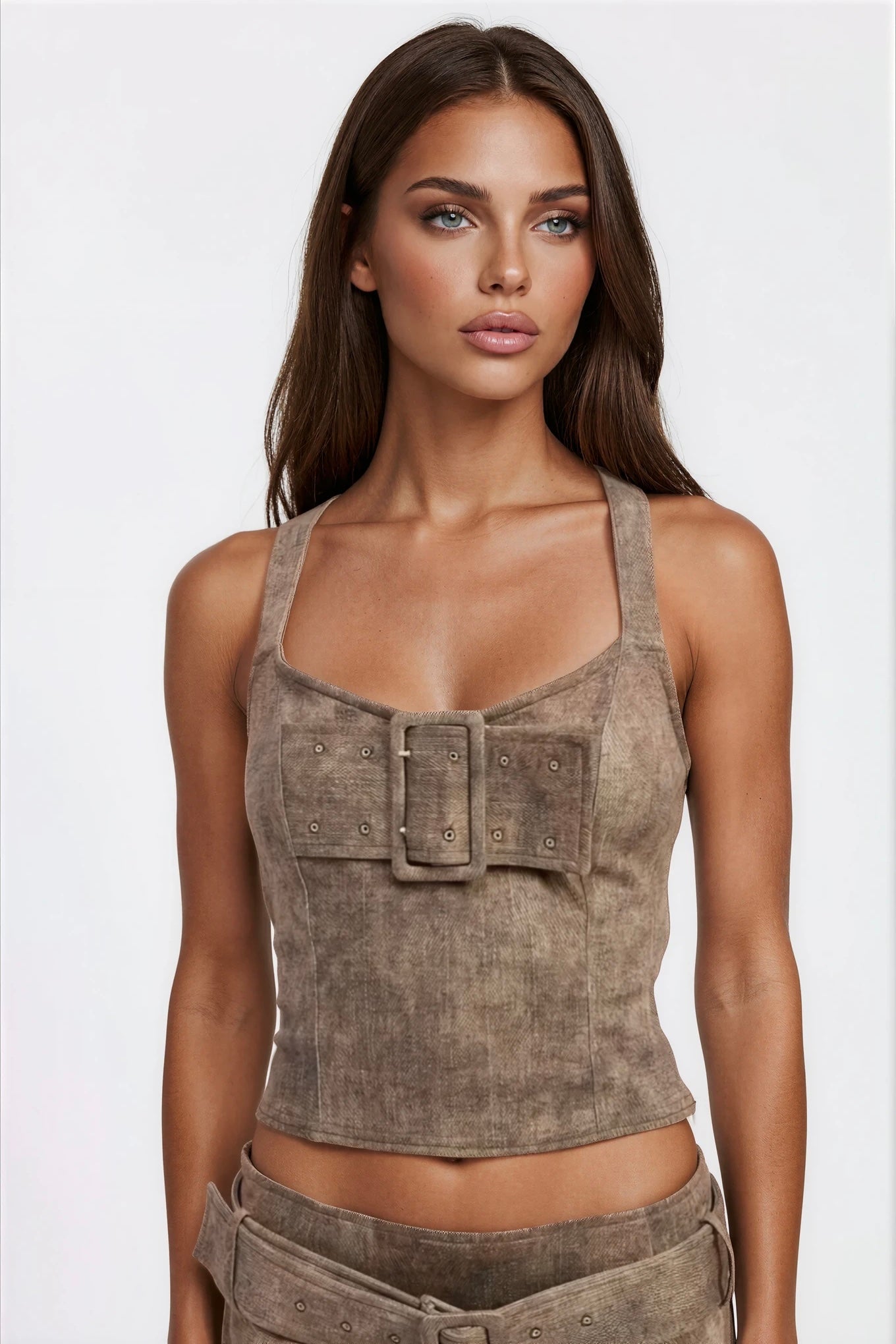 Brown Buckle Denim Crop Top