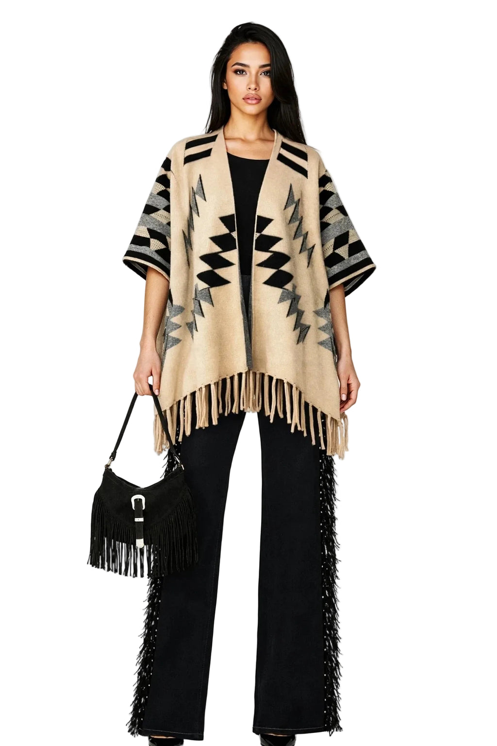 Aztec Fringed Ruana Poncho Sweater Cardigan