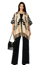 Aztec Fringed Ruana Poncho Sweater Cardigan