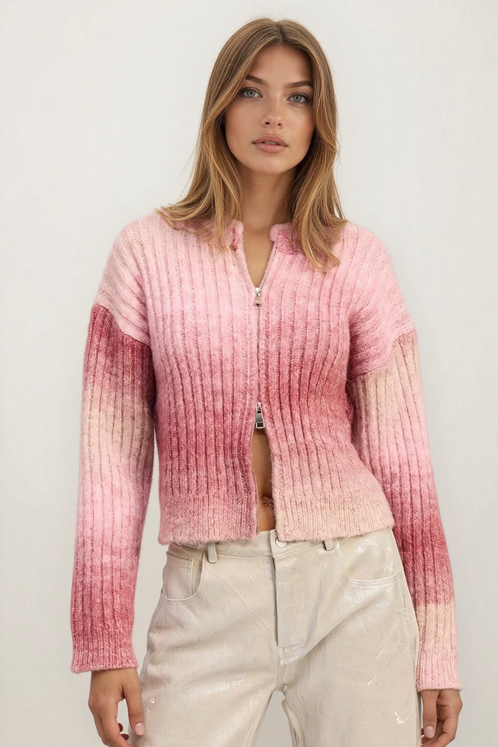 Rosy Ombre Ribbed Double-Zip Cardigan