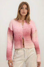 Rosy Ombre Ribbed Double-Zip Cardigan