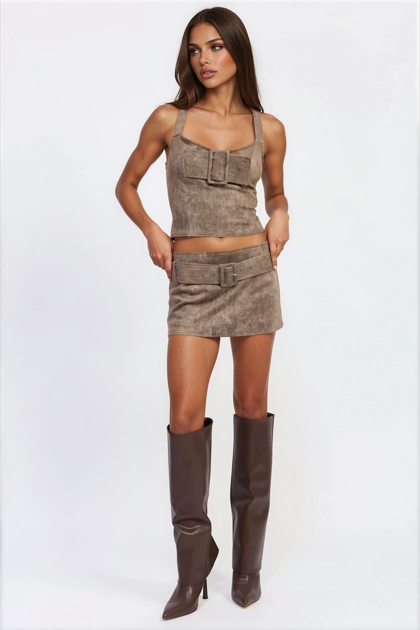 Brown Buckle Denim Crop Top