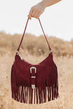 Western Buckle Faux Suede Fringe Bag