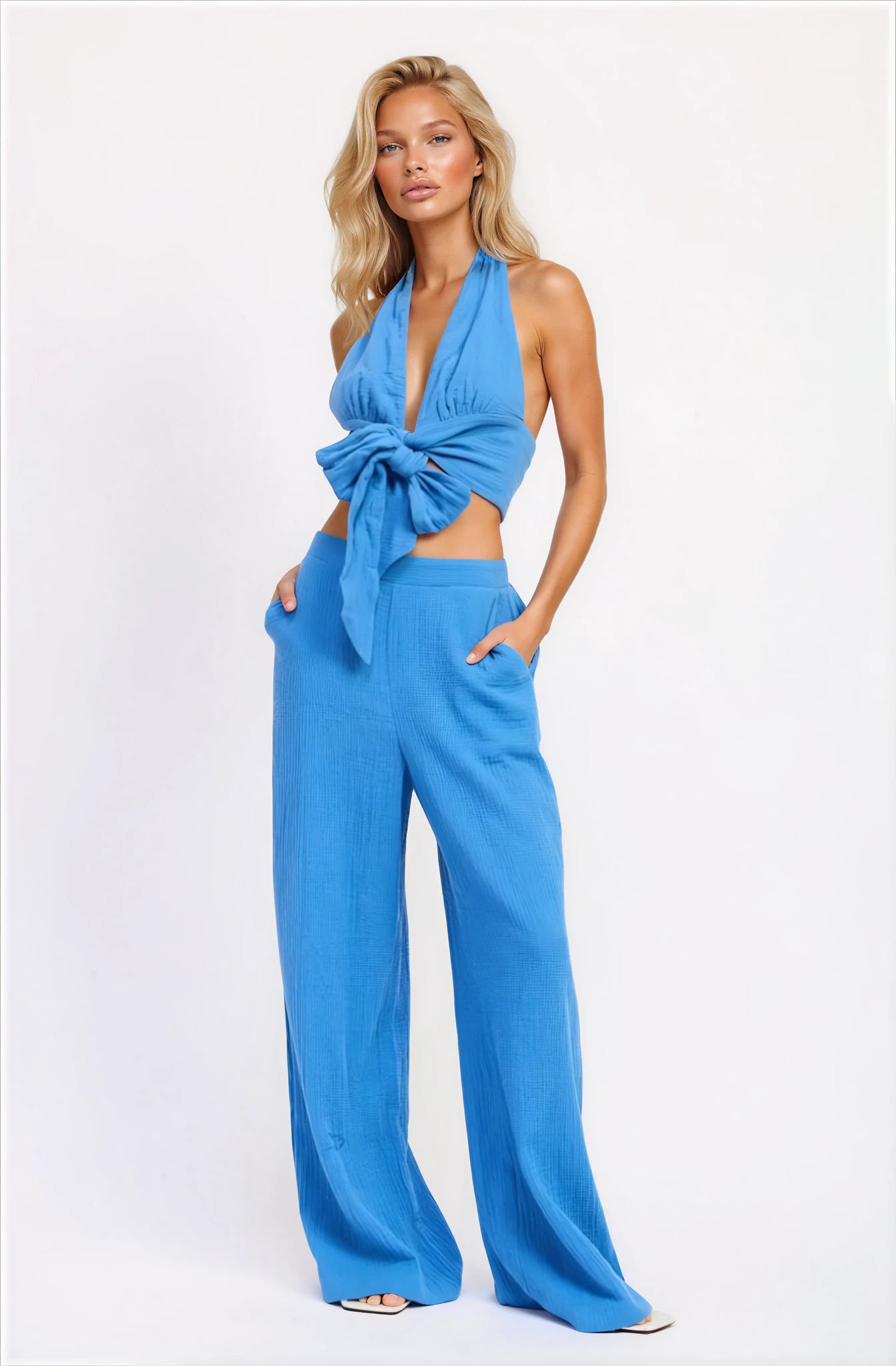 Double Gauze Halter Tie Crop Top