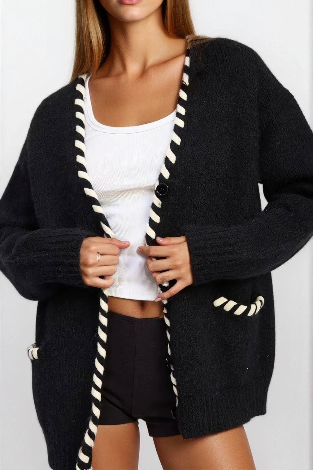 Leather Trim Cardigan