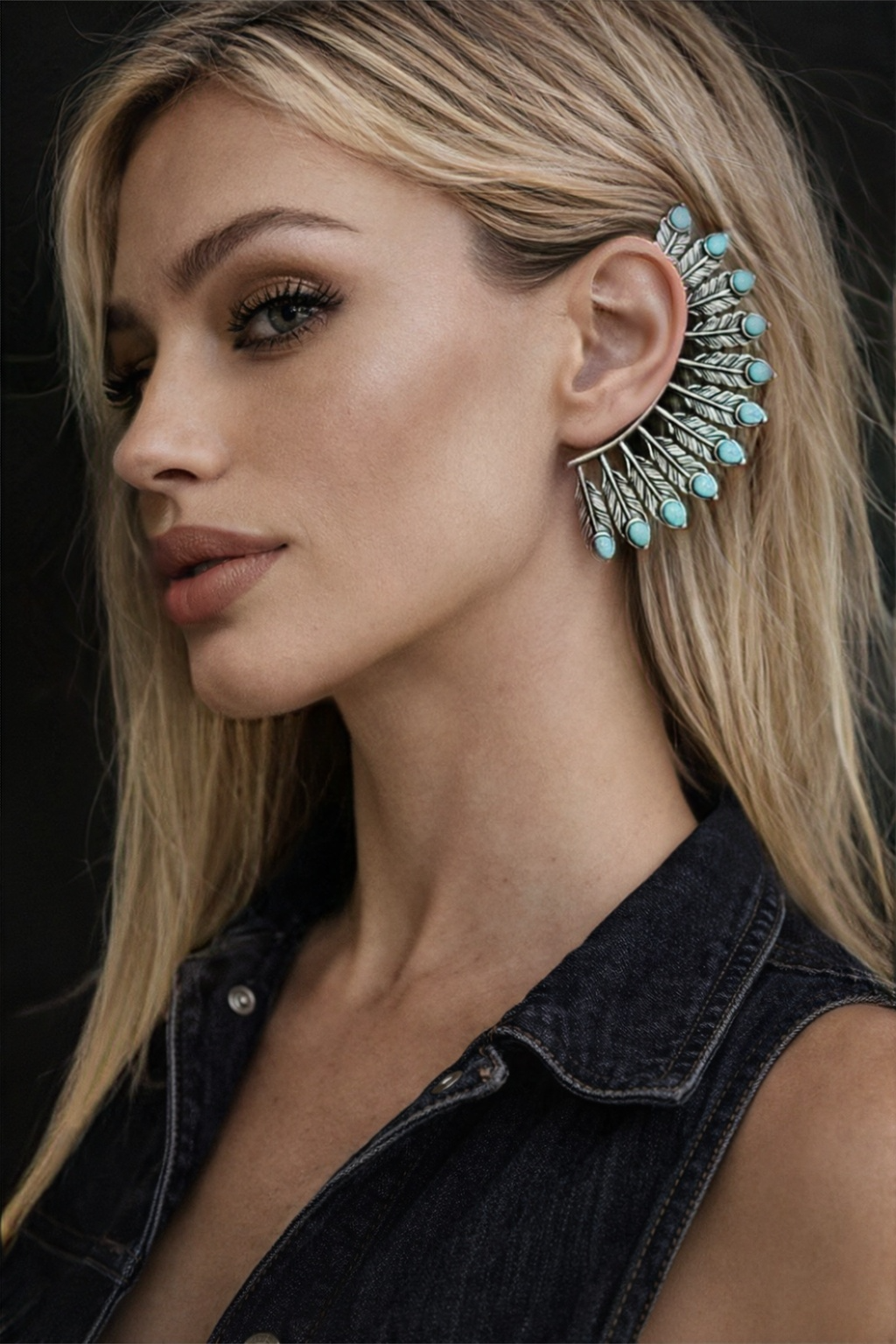 Navajo Sterling Silver Turquoise Feather Ear Cuff