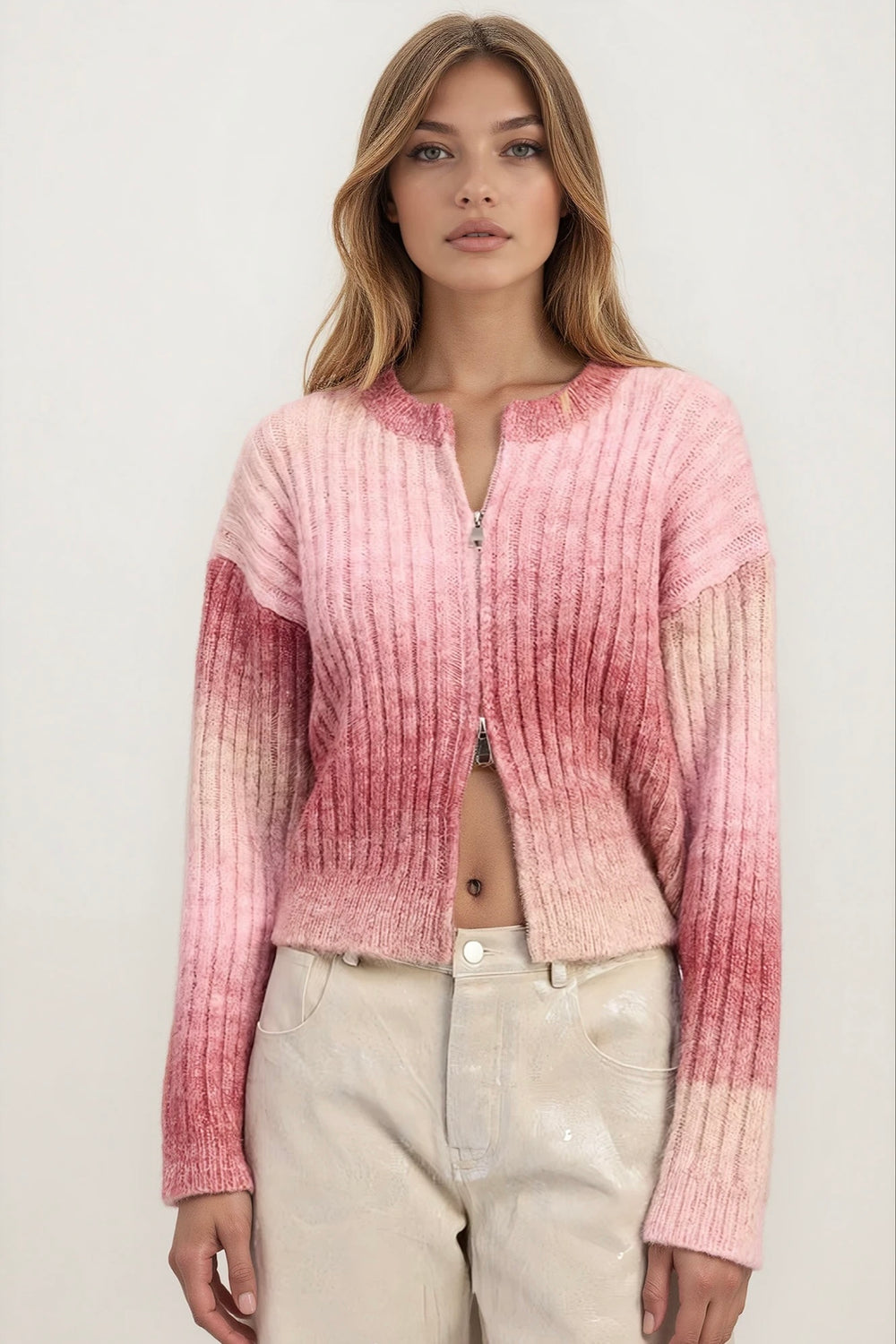 Rosy Ombre Ribbed Double-Zip Cardigan