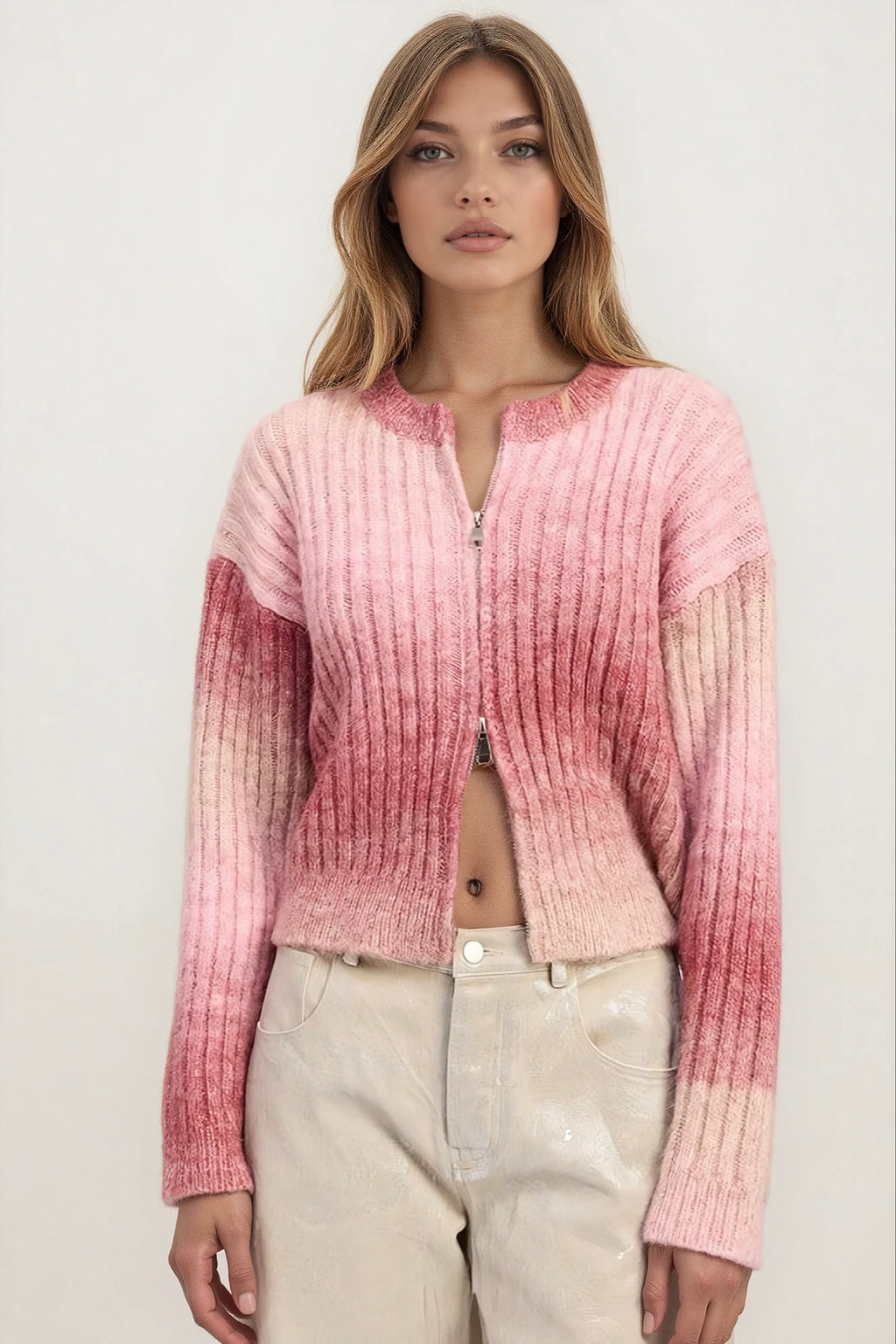 Rosy Ombre Ribbed Double-Zip Cardigan