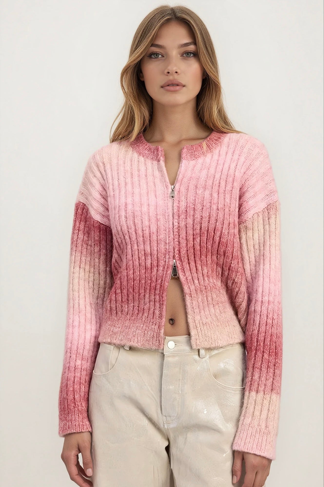 Rosy Ombre Ribbed Double-Zip Cardigan