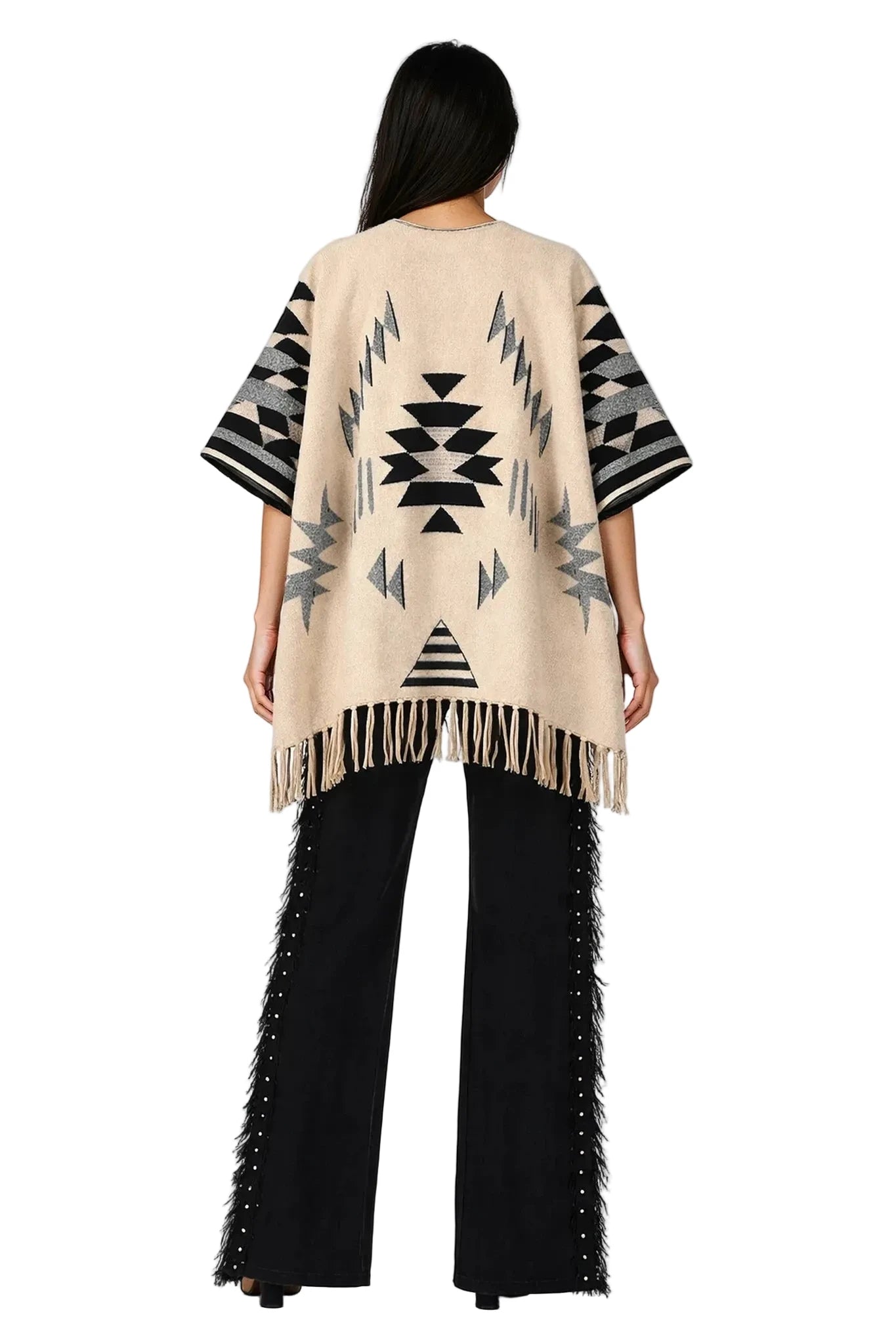 Aztec Fringed Ruana Poncho Sweater Cardigan