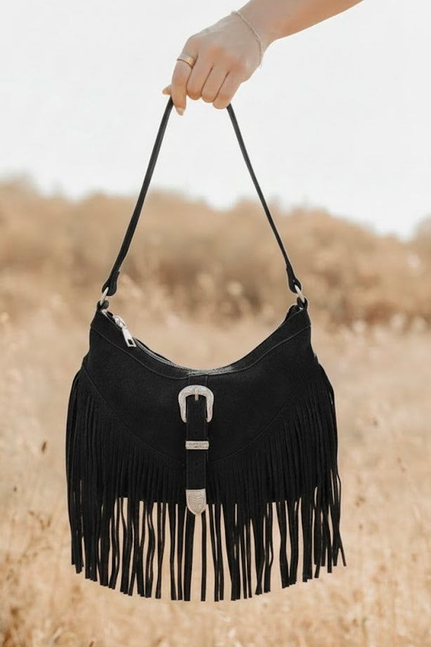 Western Buckle Faux Suede Fringe Bag
