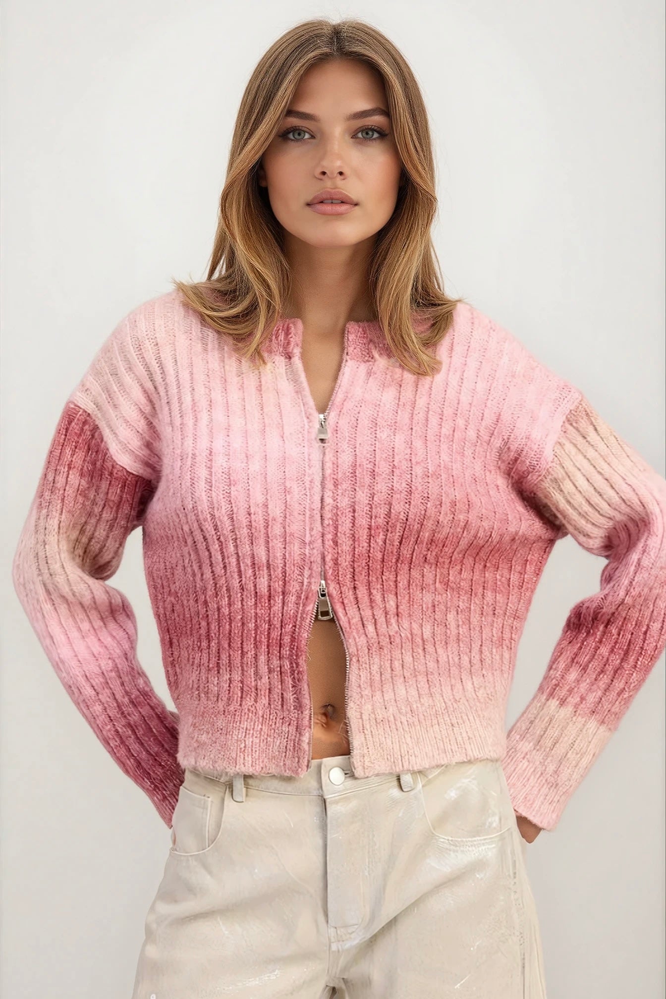Rosy Ombre Ribbed Double-Zip Cardigan