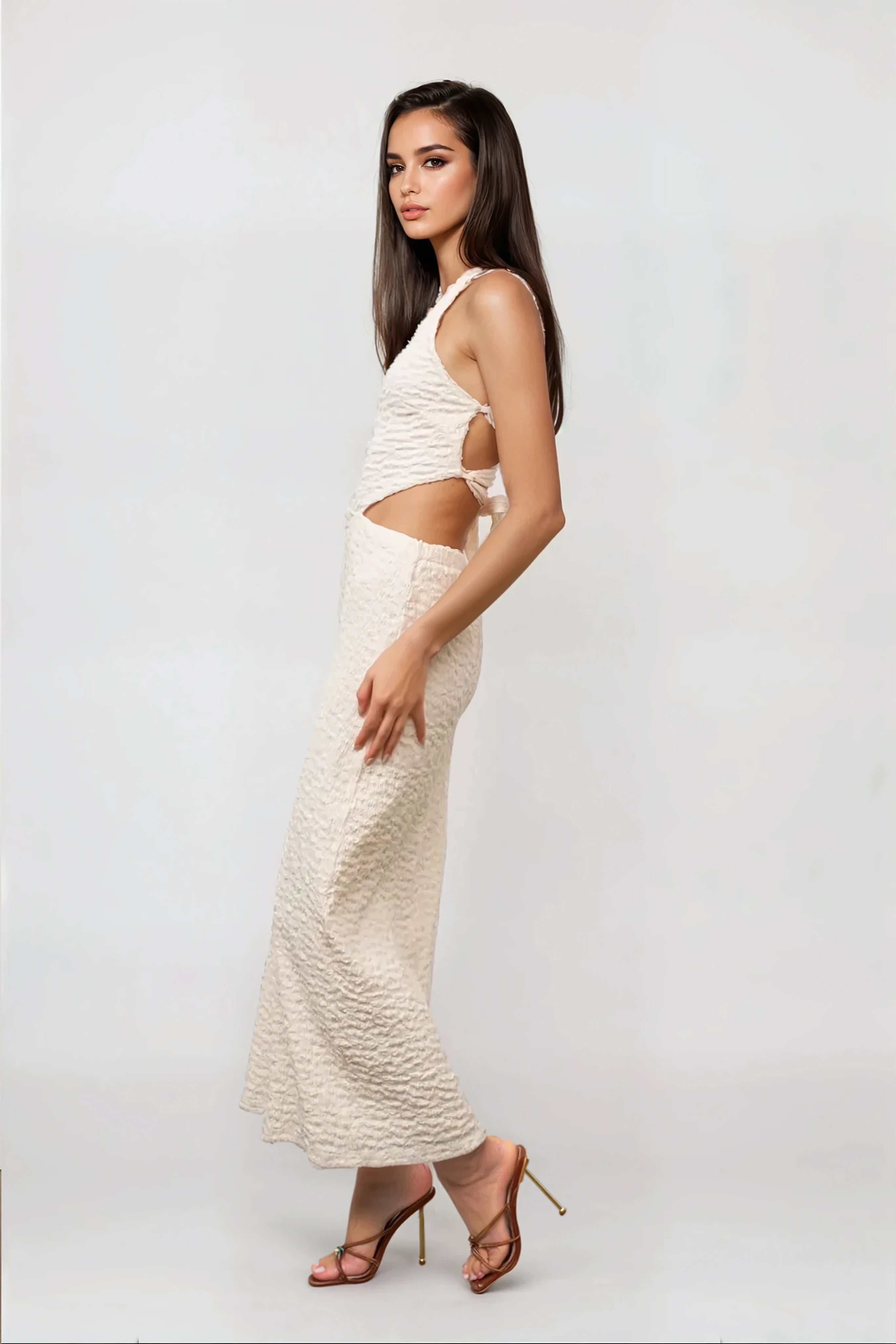 Cream Knit Cutout Midi Dress