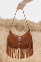 Western Buckle Faux Suede Fringe Bag
