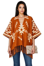 Aztec Fringed Ruana Poncho Sweater Cardigan