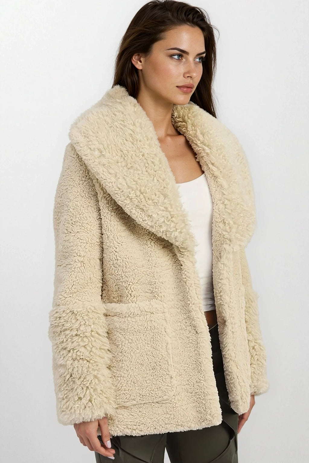 Fur Trimmed Fleece Jacket with Pockets