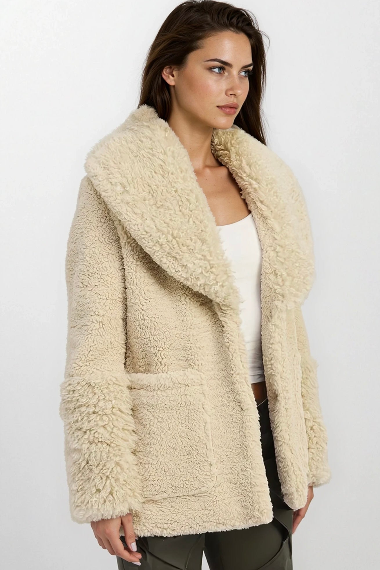 Fur Trimmed Fleece Jacket with Pockets