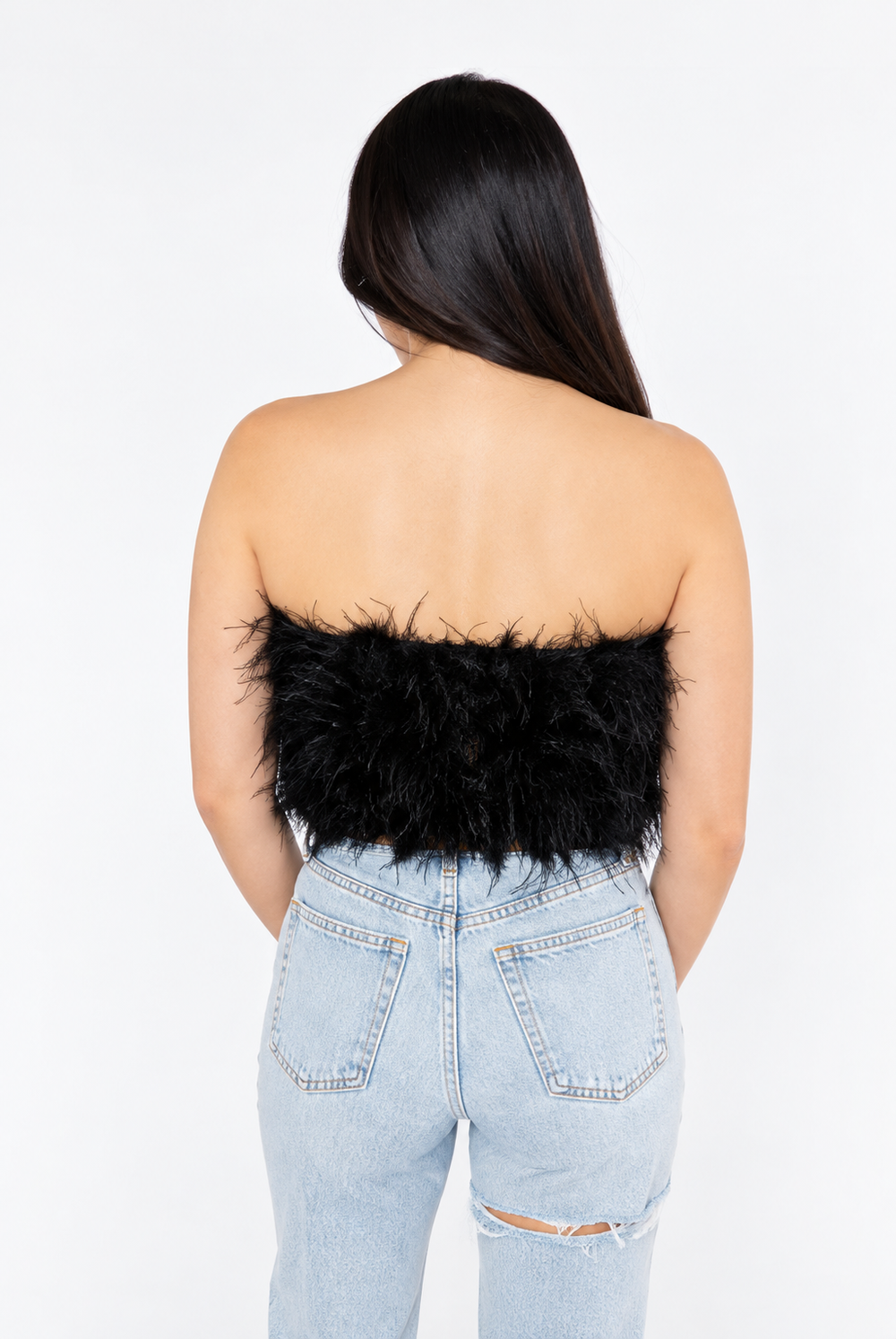 BuddyLove Fancy Strapless Feather Crop Top – Noir Black