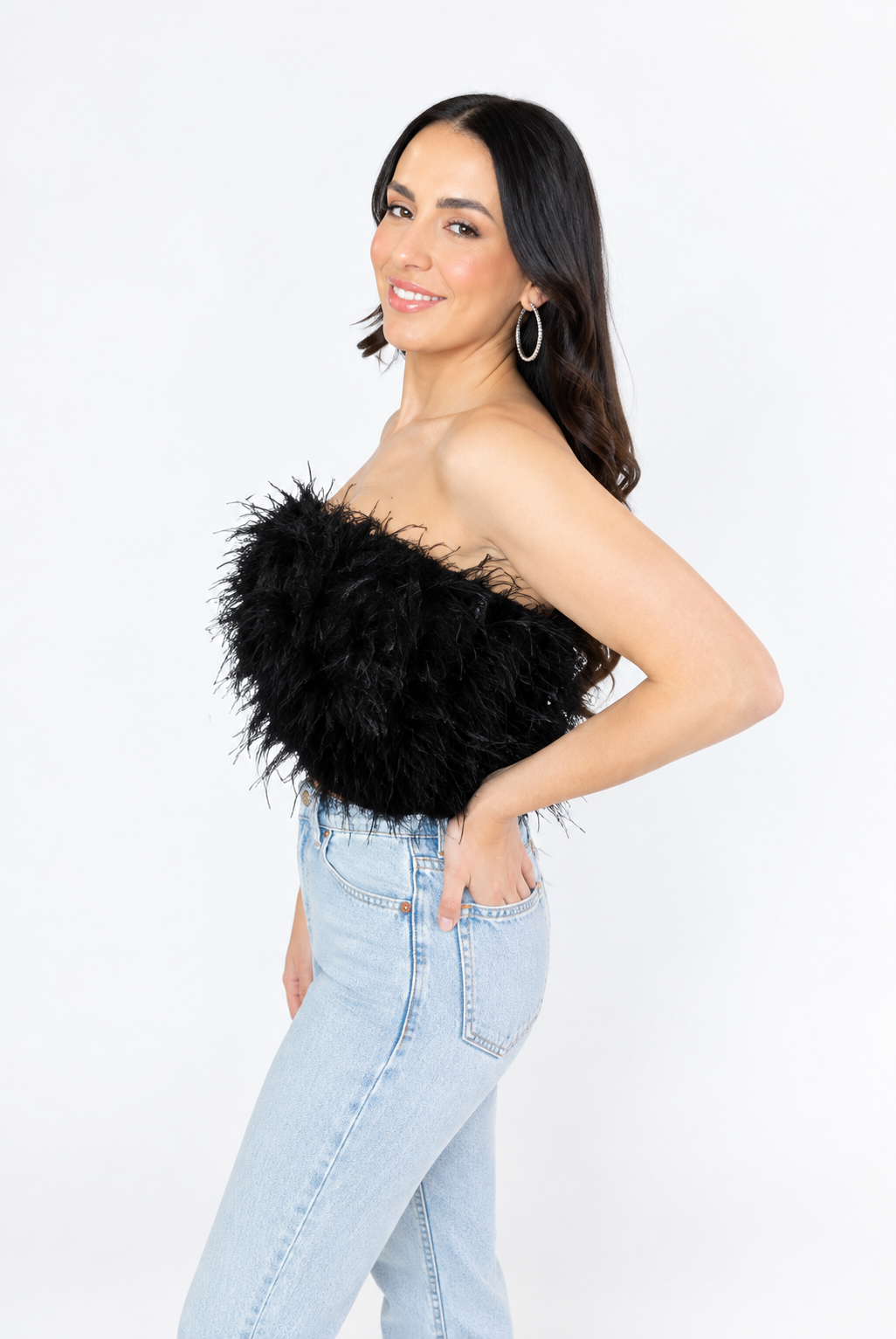 BuddyLove Fancy Strapless Feather Crop Top – Noir Black