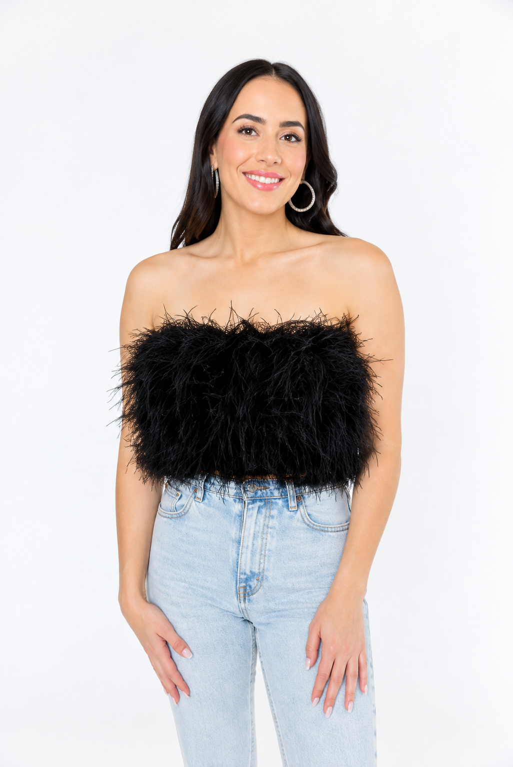 BuddyLove Fancy Strapless Feather Crop Top – Noir Black