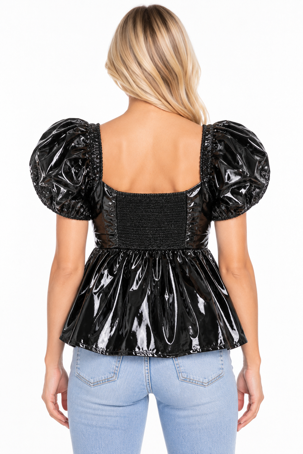 BuddyLove Houston Faux Leather Puff Sleeve Top – Onyx Black