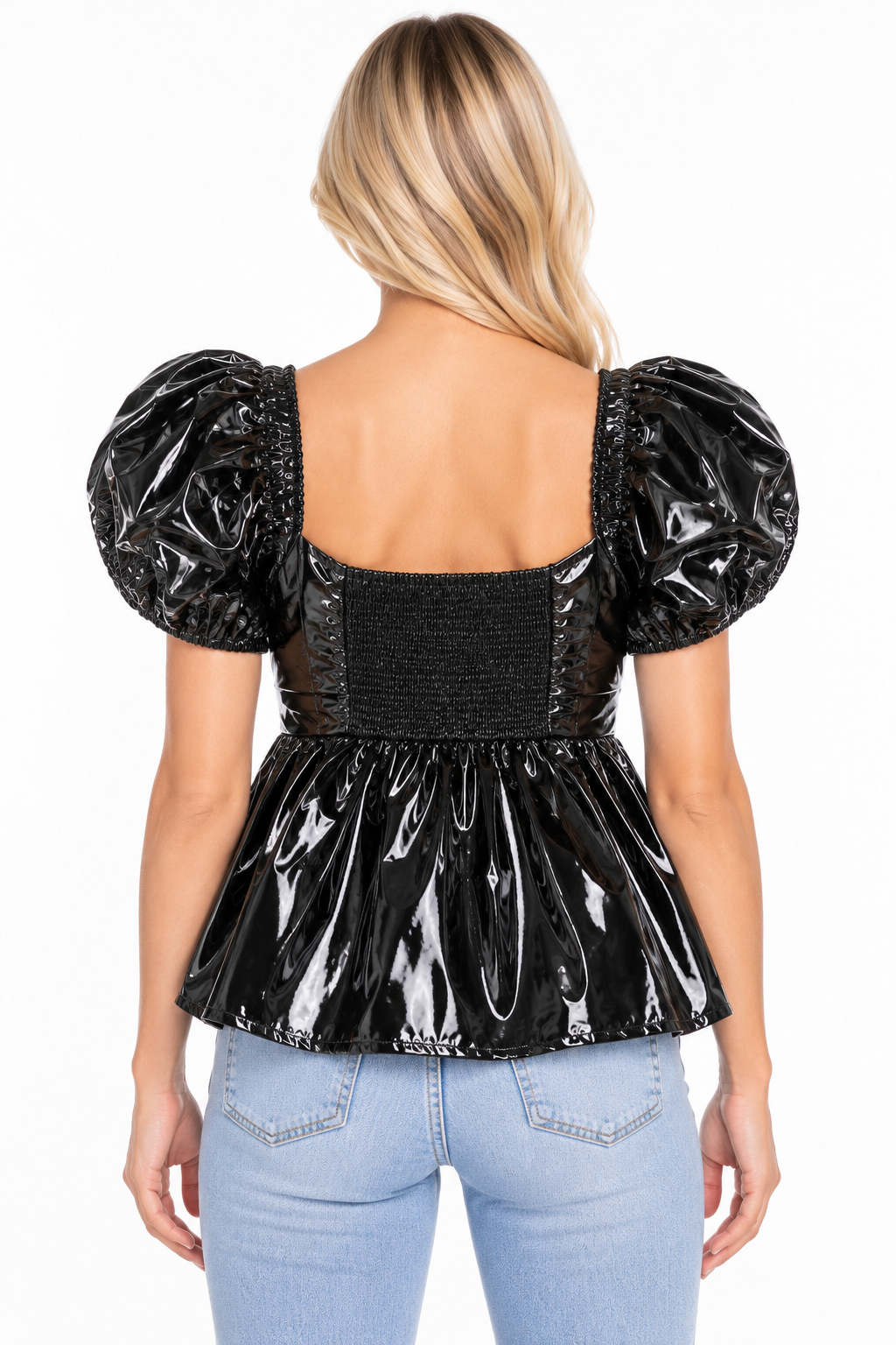 BuddyLove Houston Faux Leather Puff Sleeve Top – Onyx Black