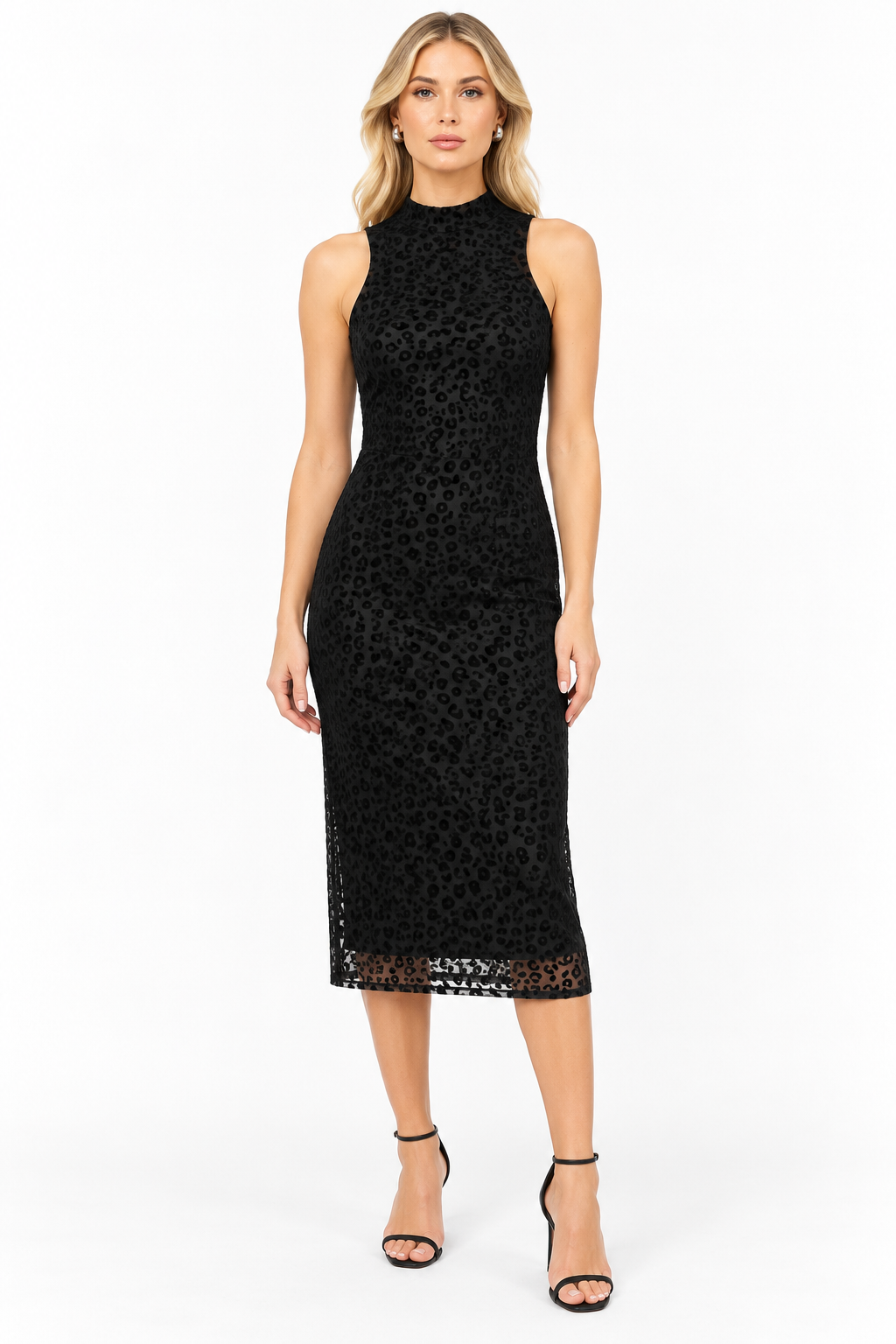 VNTG Black Velvet Leopard Mock Neck Midi Dress