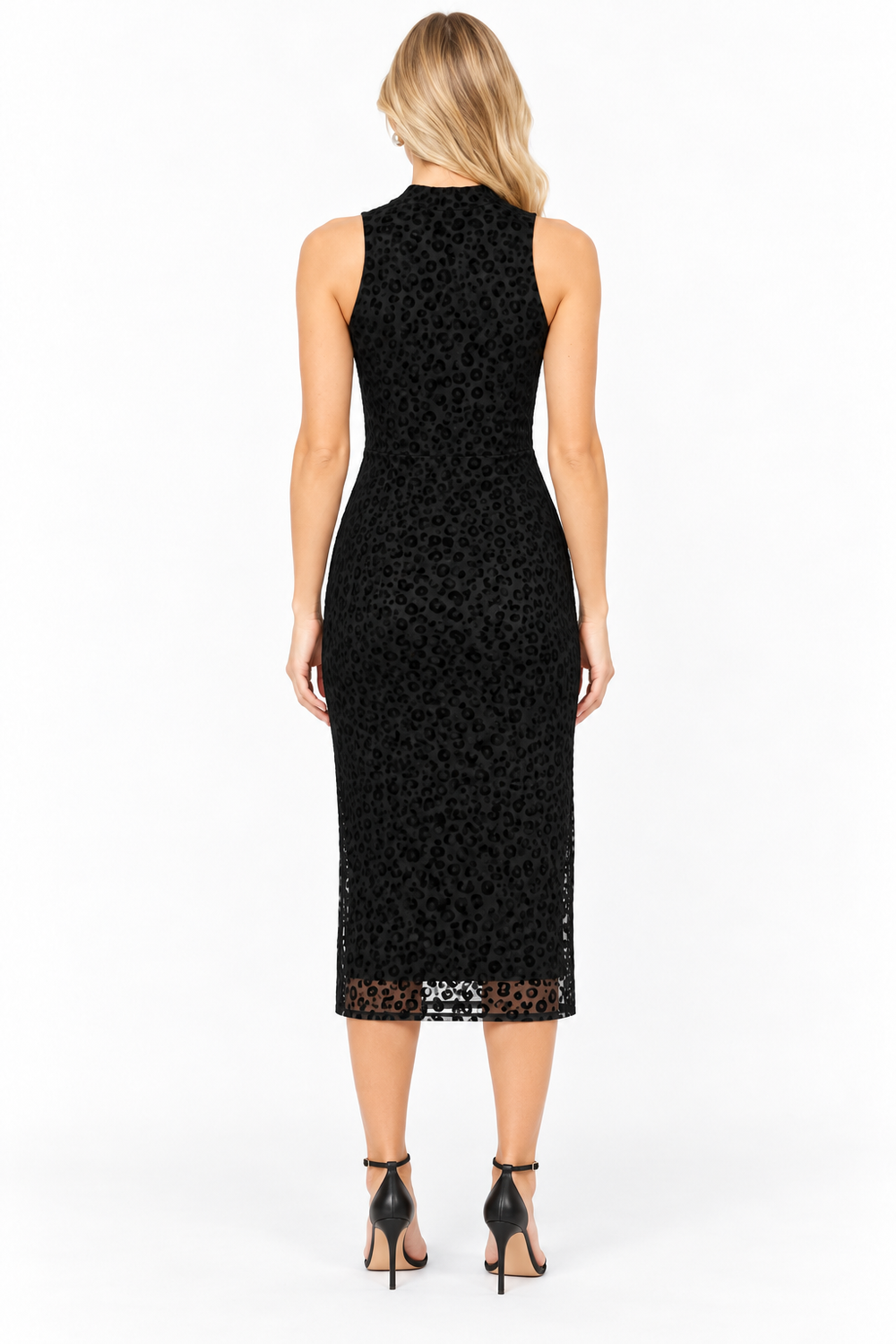 VNTG Black Velvet Leopard Mock Neck Midi Dress
