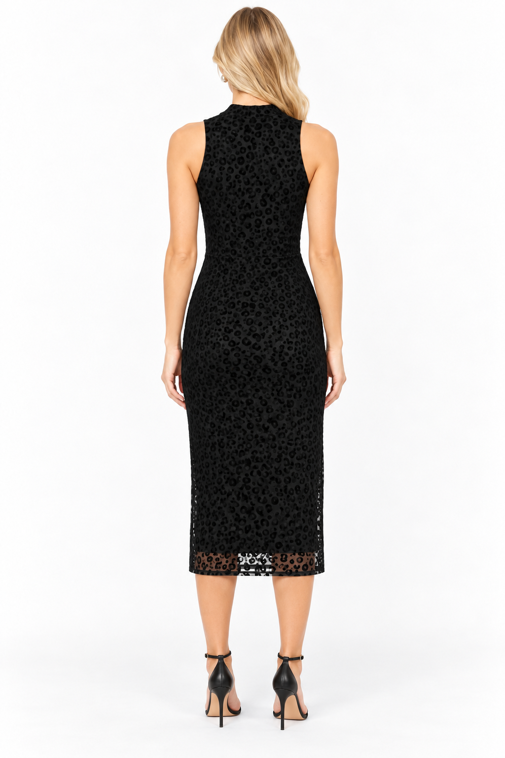VNTG Black Velvet Leopard Mock Neck Midi Dress