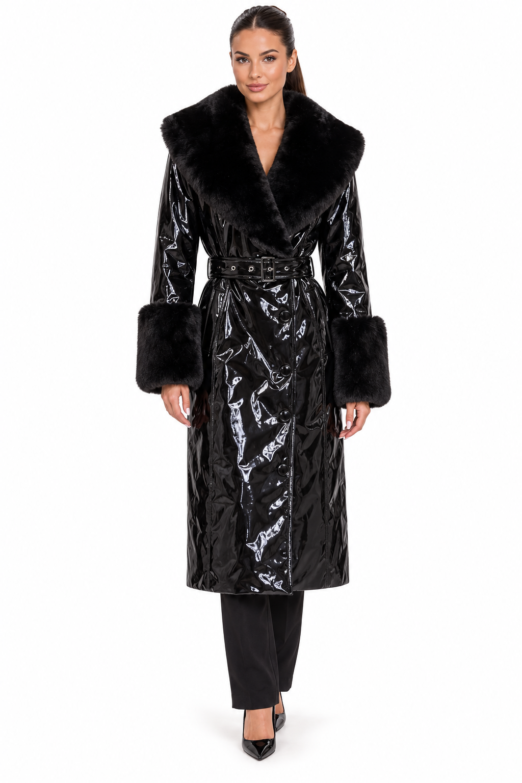WFFS Black Patent-Look Belted Coat with Fur Trim