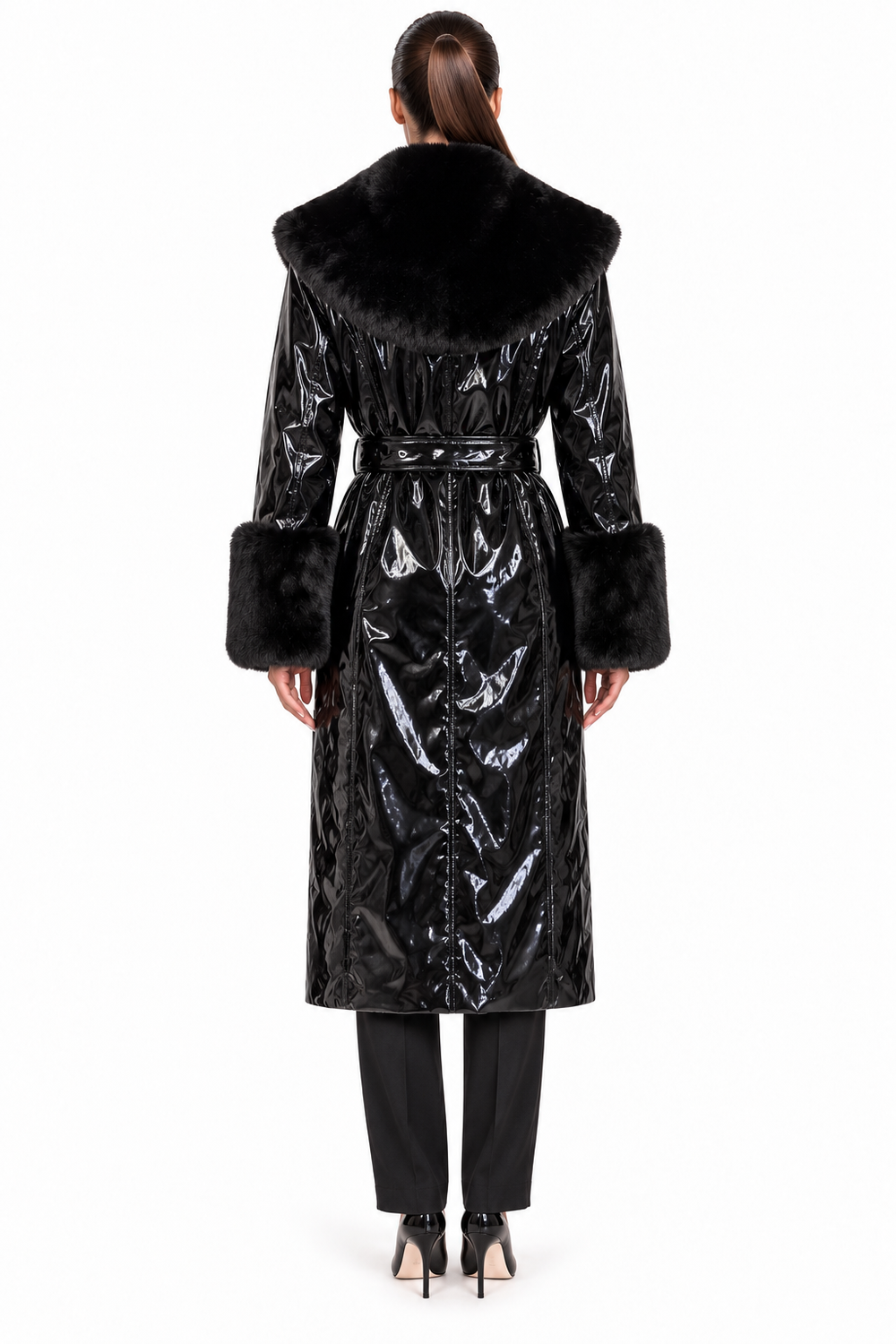 WFFS Black Patent-Look Belted Coat with Fur Trim