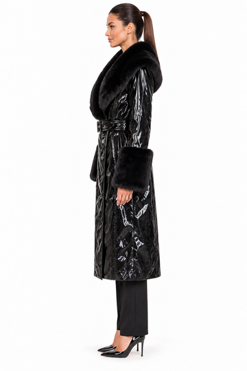 WFFS Black Patent-Look Belted Coat with Fur Trim