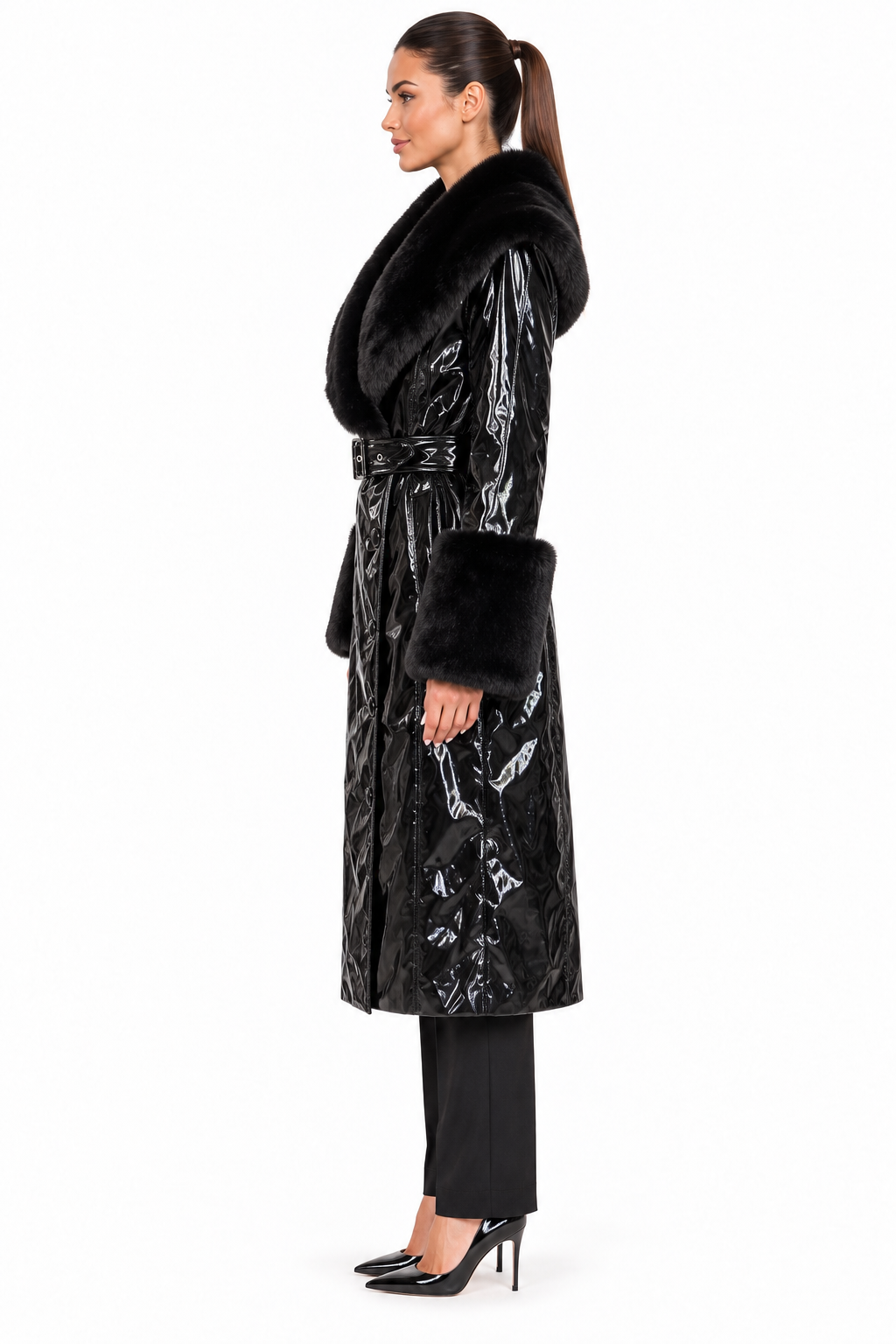 WFFS Black Patent-Look Belted Coat with Fur Trim