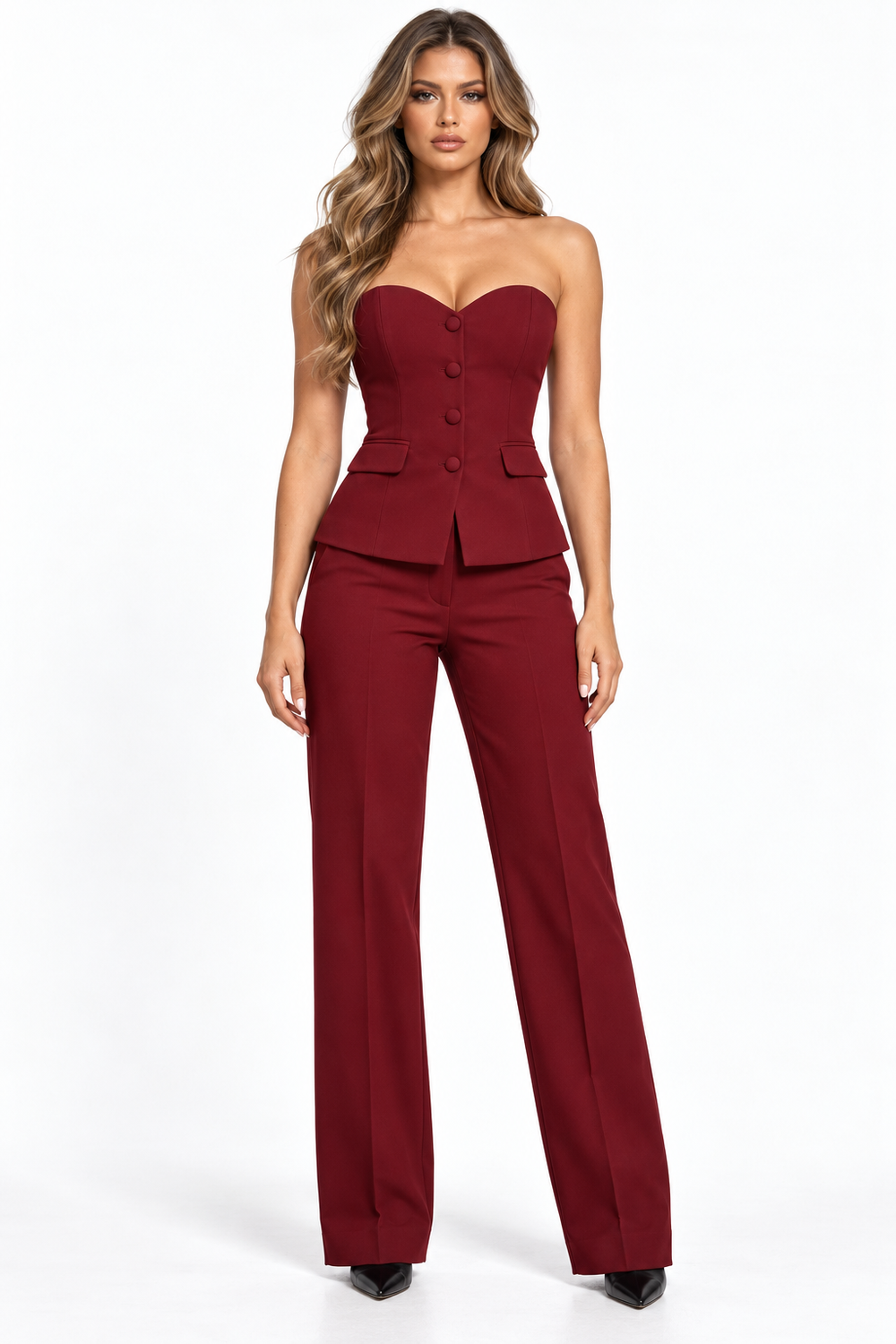 WFFS Sweetheart Strapless Vest & Trouser Set – Burgundy