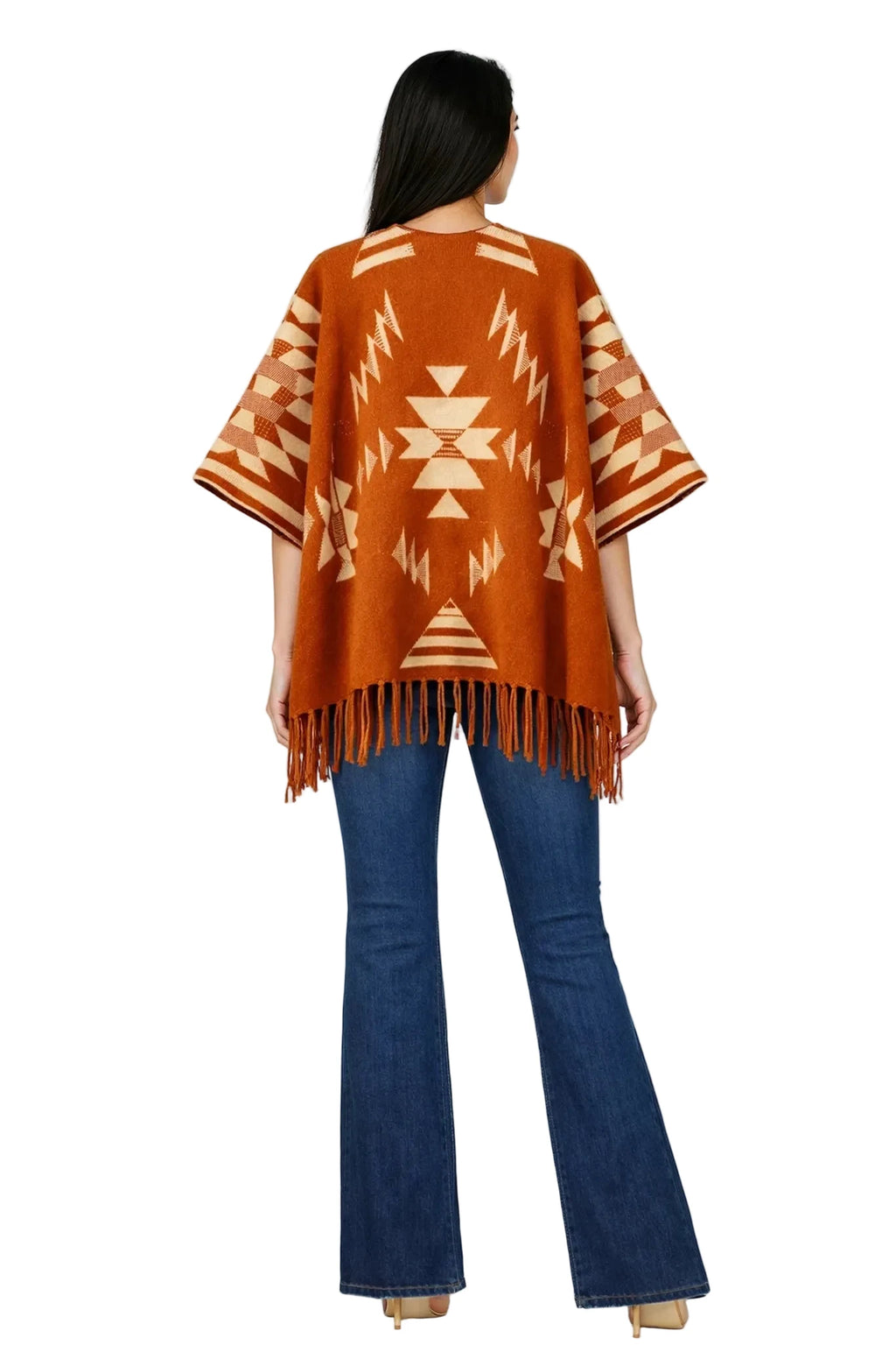 Aztec Fringed Ruana Poncho Sweater Cardigan