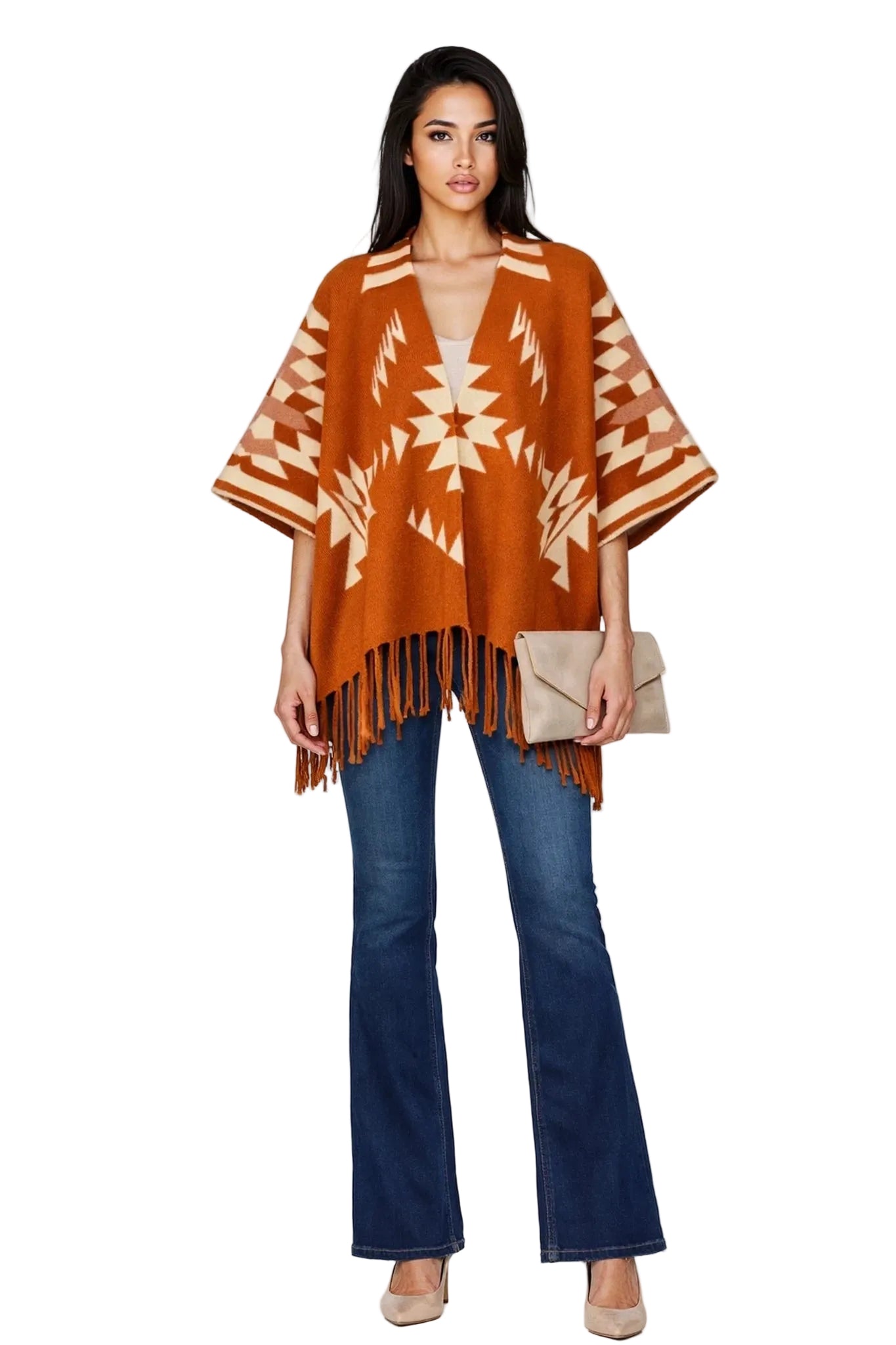 Aztec Fringed Ruana Poncho Sweater Cardigan